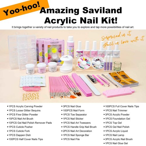 Saviland Acrylic Nail Kit with Everything for Beginners - Acrylic Powder & Liquid Set Nails Tips Glue Gel Kit Gel Nail Polish U V Light for Nail Art Professional Acrylic Nail Kit for Home DIY