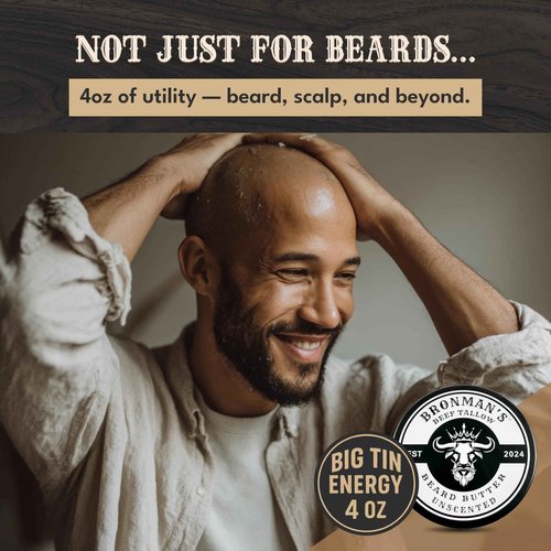 Bronmans Beef Tallow Beard Butter for Men - 4oz - Hydrating Unscented Beard and Skin Balm with Shea Butter - Deeply Moisturizing Tallow