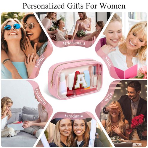 YOOLIFE Christmas Gifts For Teenage Girls Stocking Stuffers For Teen Girls Teacher Gifts Initial Clear Makeup Bag Birthday Gift Travel Toiletry Cosmetic Bags Birthday Gift Travel Essentials Pink A