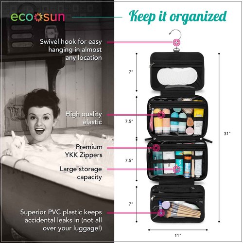 Eco Sun Hanging Travel Toiletry Bag — Designed in Hawaii — Water-resistant Travel Organizer for Bathroom Accessories