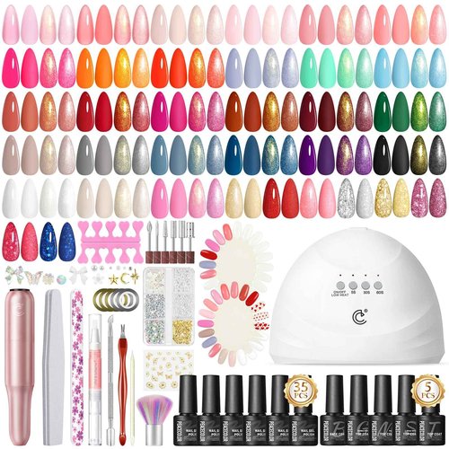 Peacecolor Gel Nail Polish Kit with U V Light and Drill，59PCs Gel Nail Kit 35 Colors with 5PC Matte/Glossy/Glitter Top Base Coat Nail Art Rhinestone Manicure starter Kit Soak Off Gifts for Girls