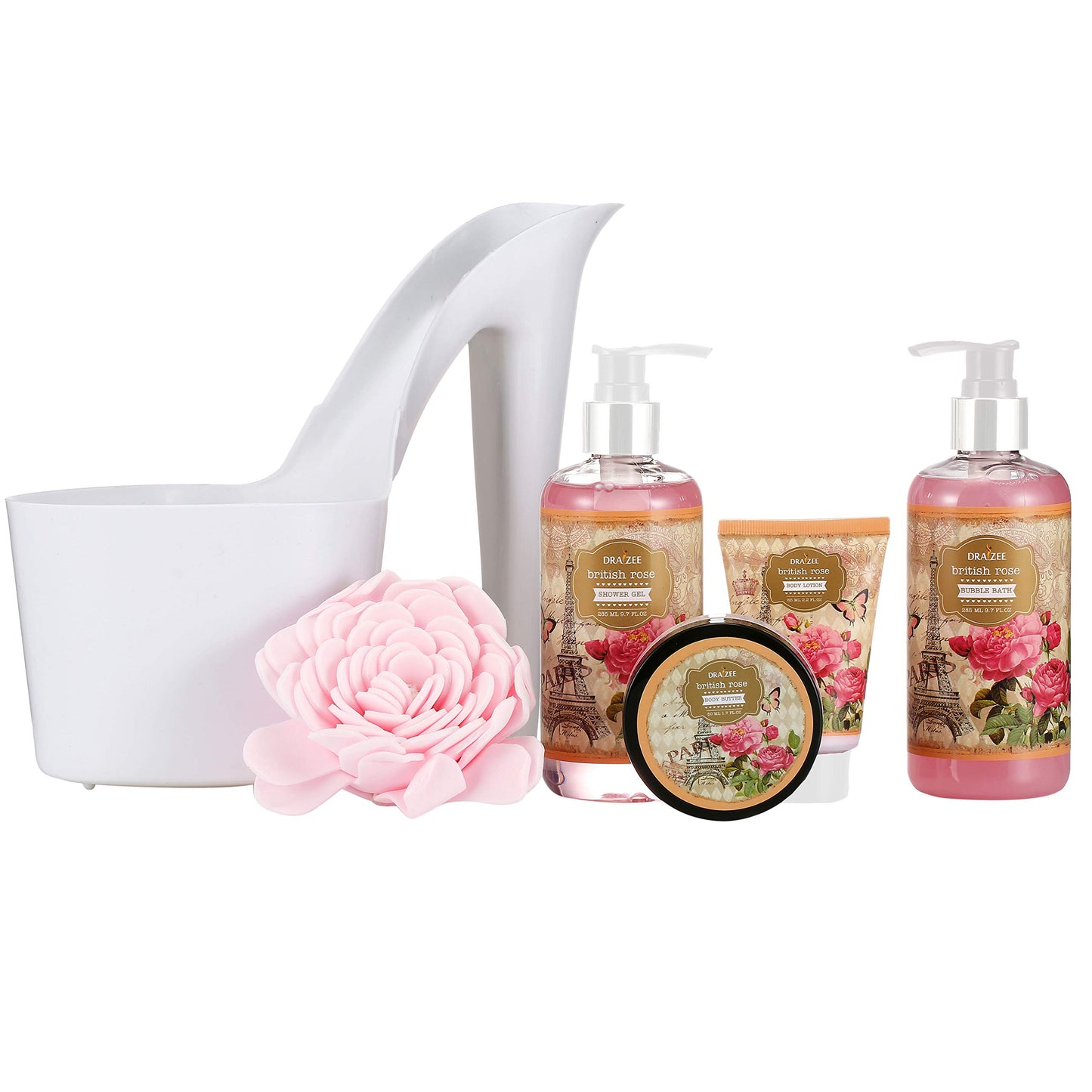 Spa Gift for Women - 5 Pcs Luxury Heel Shoe Spa Basket for Women Rose Scented Home Relaxation Set w/ Body Lotion & Butter, Shower Gel, Bubble Bath - Birthday, Self Care Gifts for Women by Draizee