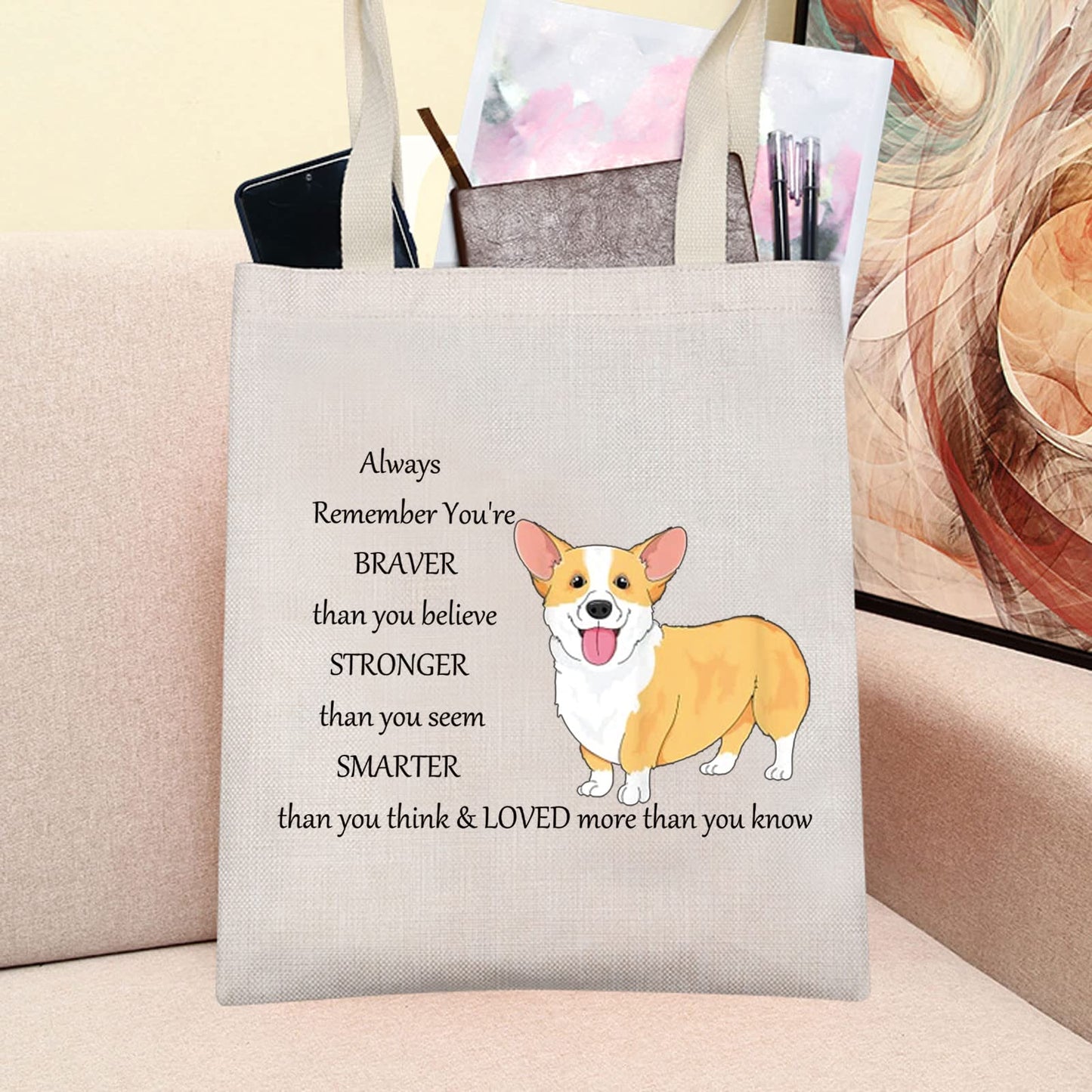 LEVLO Corgi Dog Cosmetic Make up Bag Corgi Lover Gift Corgi You Are Braver Stronger Smarter Than You Think Makeup Zipper Pouch Bag For Dogs Owner Corgi Mom (Corgi Tote)