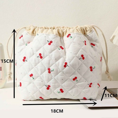 SURBEAV Aesthetic Cotton Quilted Drawstring Makeup Bag - Cute Travel Toiletry Organizer with Canvas Lining, Lightweight and Durable Cosmetic Pouch for Women Girls (Navy blue flower)