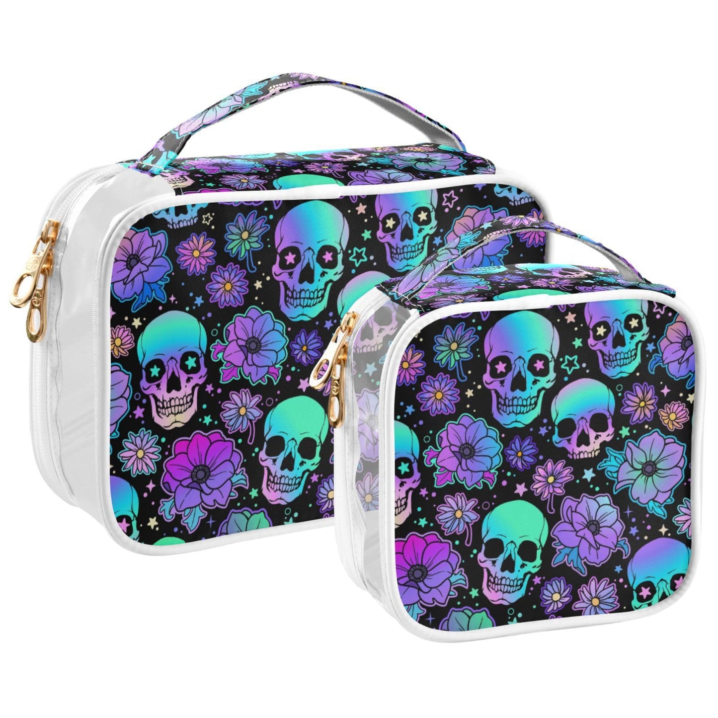 MNSRUU Clear Makeup Bags Funny Skulls Toiletry Bag for Women 2 PCS Waterproof Clear Bags Clear Travel Toiletry Bag Small Cosmetic Makeup Bag, Carry on Airport Airline Compliant Bag