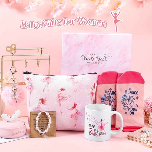 Teenyyou 6 Pcs Ballerina Recital Dance Gifts for Girls Glitter Pink Bracelet Pom Pom Keychain Makeup Bag Socks Funny Mug Stuff for the World International Dance Day for Daughter Granddaughter Friends