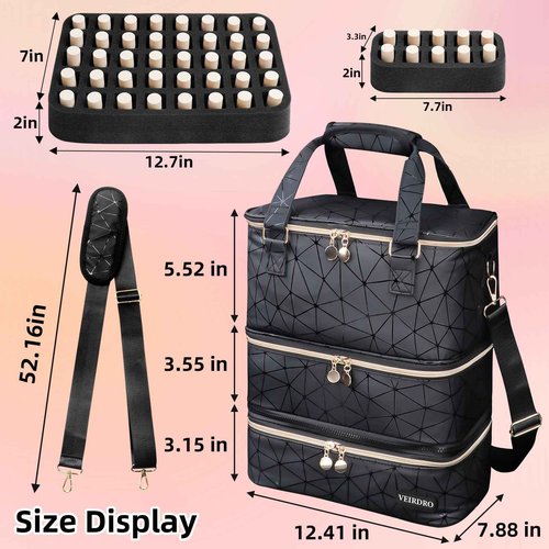 Veirdro Nail Polish Organizer Hold 90 Bottles (15ml/0.5fl.Oz)& Nail Lamp, Three Layer Nail Supplies Organizer Case with Holder& Shoulder Strap, PU Leather Nail Kit Organizers and Storage Bag (Black)