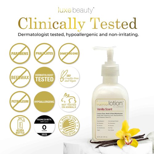 Luxe Beauty Non Greasy & Hyaluronic Acid Moisturizer for Face, Neck & Hands – Anti Aging & Non Toxic Body Lotion - Vanilla Lotion w/Silicone-Free, Organic & Plant-Based Ingredients