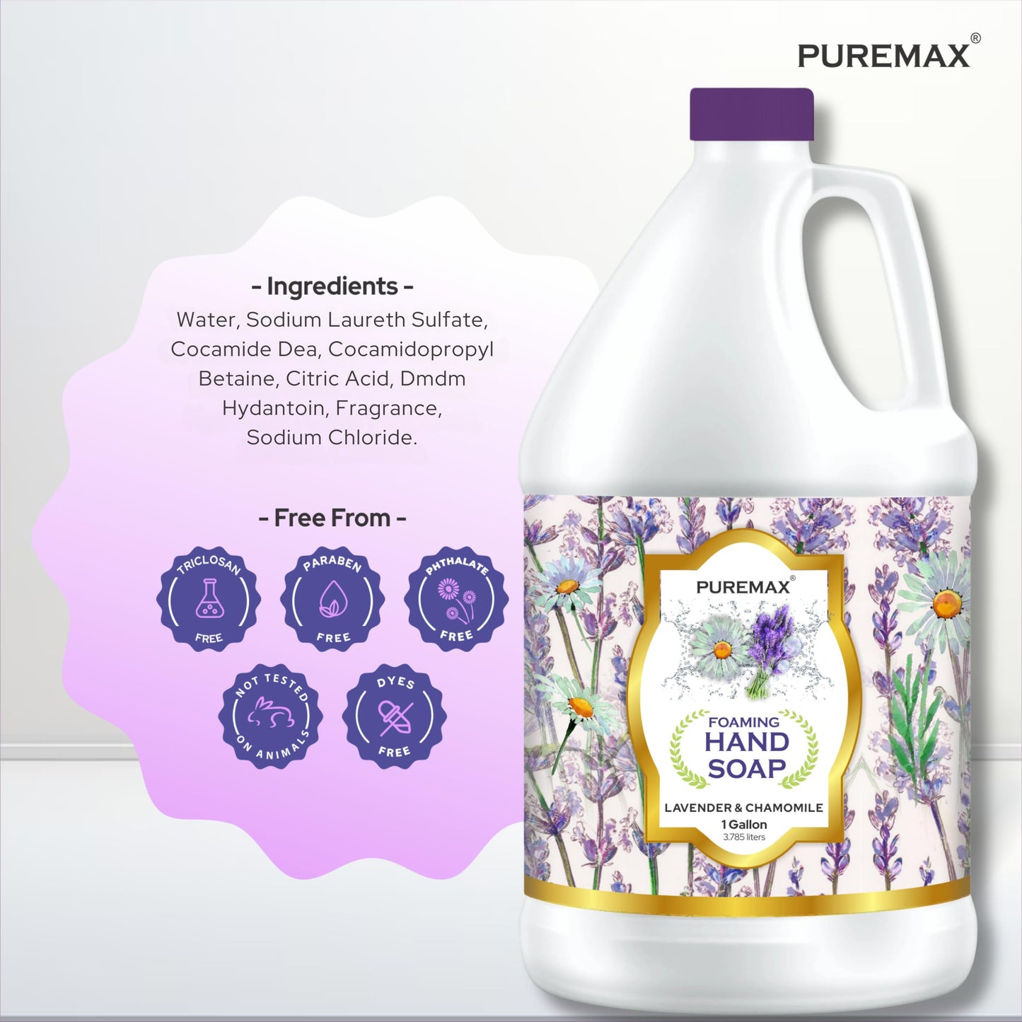 Puremax Foaming Hand Soap Refills with Essential Oils | Lavender Chamomile | Gentle, Moisturizing | Triclosan-free | Made in USA | 128 Fl Oz (1 Gallon) |