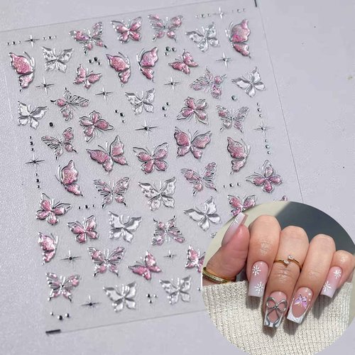 Butterfly Nail Stickers 3D Sickers for Nails Art Design Fingernail Stickers Self-Adhesive Nail Supplies Accessories for Women DIY Decoration(Shiny Butterfly)