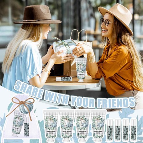 Heigble 144 Pcs Fall Pumpkin Lip Balm Hand Cream Set Party Favors, Include 36 Blue Pumpkin Lip Balm 36 Moisturizing Hand Cream 36 Bags 36 Cards and Ropes for Autumn Accessories Gifts