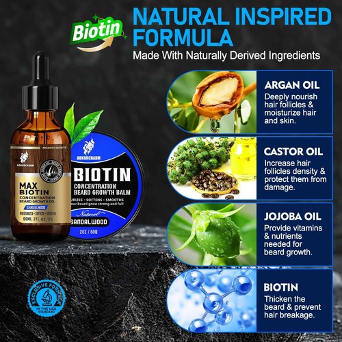 aokur 2 Pack Biotin Beard Growth Kit for Men – Sandalwood Beard Oil & Balm – Beard Care Set for Growth, Softening & Styling – Gift for Father’s Day & Christmas