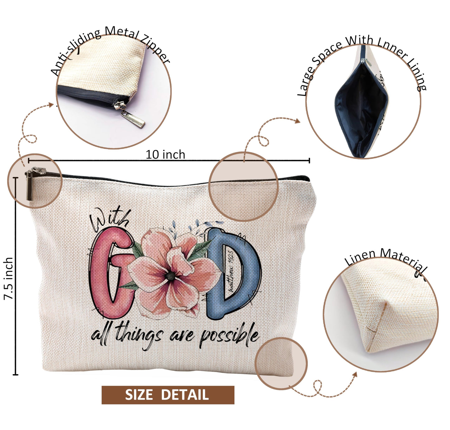 QGFM Christian Gifts for Women,Christian Makeup Bags for Women,Bible Verse Makeup Bag With Zipper,With God All Things Are Possible Cosmetic Bag