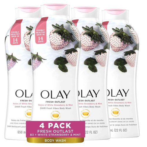 Olay Body Wash for Women, Fresh Radiance, Refreshing & Renewing, Made with Plant Based Cleansers, B3 Botanical Complex, For All Skin Types, Strawberry & Mint Scent, 22 fl oz (Pack of 4)