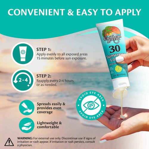 Coral Reef Safe Sunscreen SPF 30 Suntan Lotion, Mango Lime Scented Vacation Sunscreen, Reef-Safe Sunblock for Face & Body, Eco-Friendly, Water Resistant (80 Minutes), 4 Oz (120 mL) by Caribbean Breeze