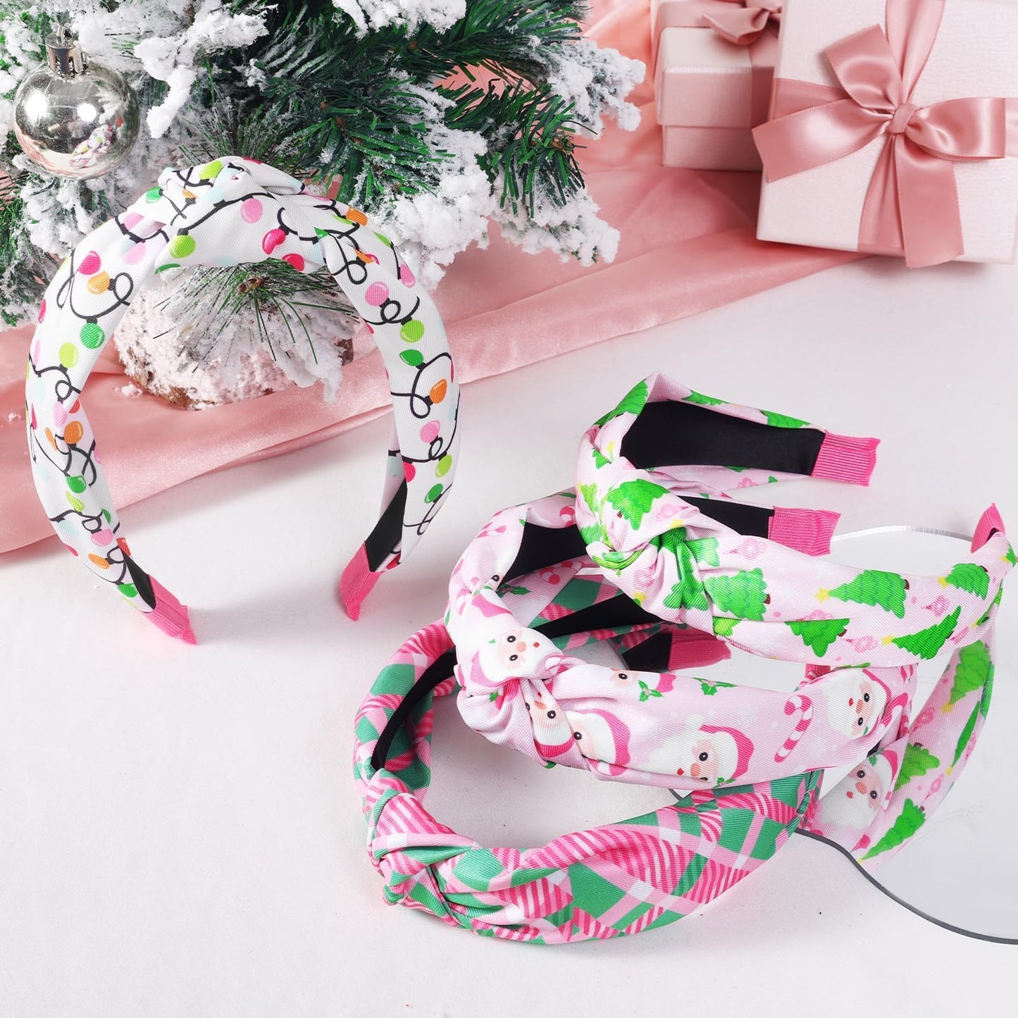 CiyvoLyeen 4PCS Pink Christmas Knotted Headbands for Women Girls Wide Headband Hair Bands Gifts for Christmas Winter Holiday Party Supplies