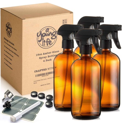 AYL Amber Glass Spray Bottles - (4 Pack) 16 oz with Labels Refillable Container for Essential Oils, Cleaning Solutions, Cleaning Products, Hair, Plant Mister, Daily Shower, Gardening or Aromatherapy