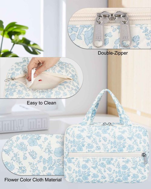 Large Makeup Bag, Travel Cotton Floral Makeup Bag Quilted Cosmetic Bag Gifts for Women Girls Portable Cute Makeup Organizer Bag With Removable Divide and Makeup Brush Compartment