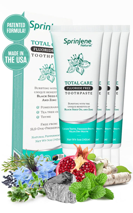 SprinJene Natural Fluoride Free Toothpaste for Clean and Strong Teeth and Gums, Fresh Breath, and Helps Dry Mouth - Vegan, Dye-Free, SLS Free Patented Toothpaste for Adults 4 Pack (Improved)