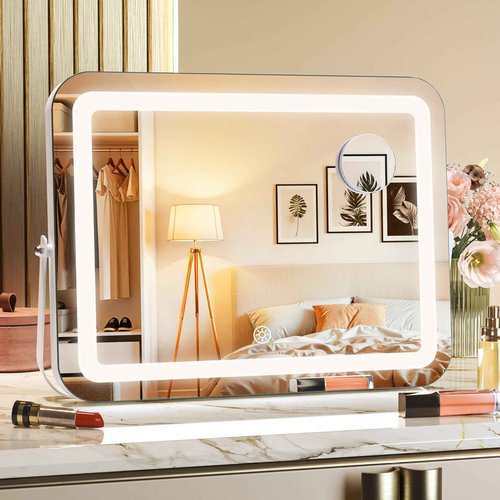 MINISO Vanity Mirror with Lights, 13.8" x 10.6" LED Makeup Mirror, Light & Brightness Adjustment, Smart Sensor, Aluminum Alloy Metal White Frame, with 5X Magnifying Glass