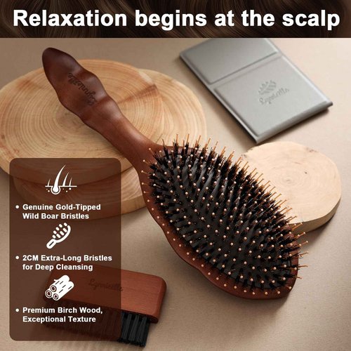 Lynnieëlle Premium Solid Wood Hair Brush, Nylon & Boar Bristle With Cushion Base, Exquisite Design, Detangling Hairbrush for all hair types