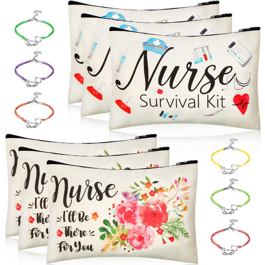 12 Pcs Nurse Appreciation Gift Kit Include 6 Pcs Nurse Canvas Makeup Bag Nurse Canvas Cosmetic Pouch and 6 Pcs Nurse Blessing Card Bracelet Nurse Charms Bracelet for Nurse Student (7.9 x 5.3 Inch)