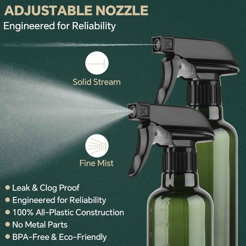 TTTred Plastic Spray Bottles (2 Pack 10 oz), Leakproof Adjustable Fine Mist & Jet Stream Nozzle, Premium BPA-Free Plastic Multi-Purpose for Hair, Plants, Cleaning (2 PACK CLEAR)