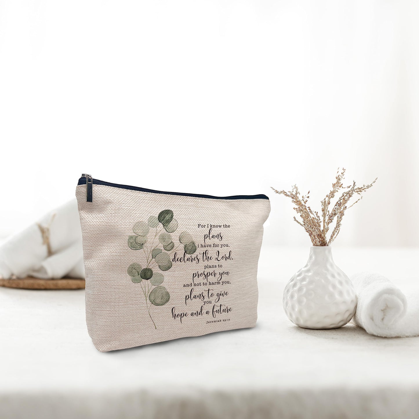 Nogrit Bible Scripture Jeremiah 29:11 for I Know the Plans I Have for You Watercolor Eucalyptus Leaf Makeup Cosmetic Bag,Christian Religious Linen Makeup Travel Toiletry Bag,Christian Gifts for Women