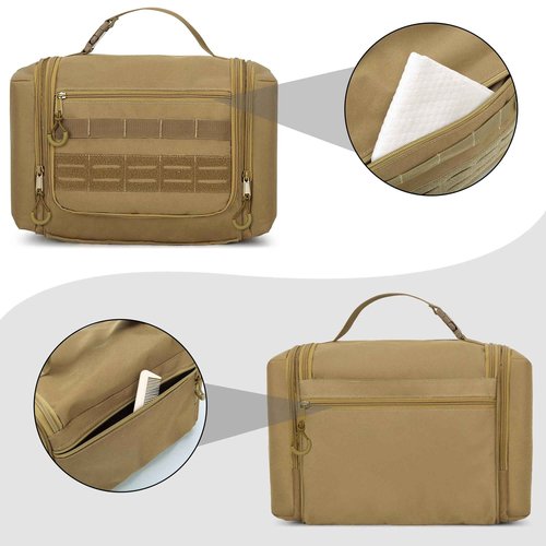 Prokva Tactical Toiletry Travel Bag for Men, Hanging Dopp Kit Hygiene Bag Shower Organizer with Hook for Toiletries and Shaving Care, Khaki (Empty Bag)