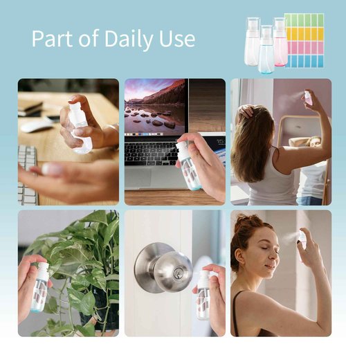 27 Pcs Travel Spray Bottle 60ml/2oz Leak Proof Fine Mist Spray Bottles Empty Mini Makeup Face Spray Bottle Clear Refillable Travel Containers for Perfume Cosmetic Essential Oil, 3 Color(360pcs Labels)