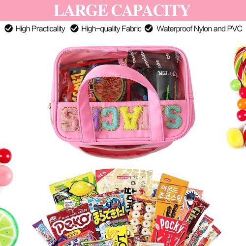 Sweet Lion Chenille Letter Clear Large Makeup Bag, Preppy Cosmetic Bag with Zipper, Stuff Bag Waterproof Travel Toiletry Bag Cosmetic Pouch for Women Girls (Pink-SNACKS)