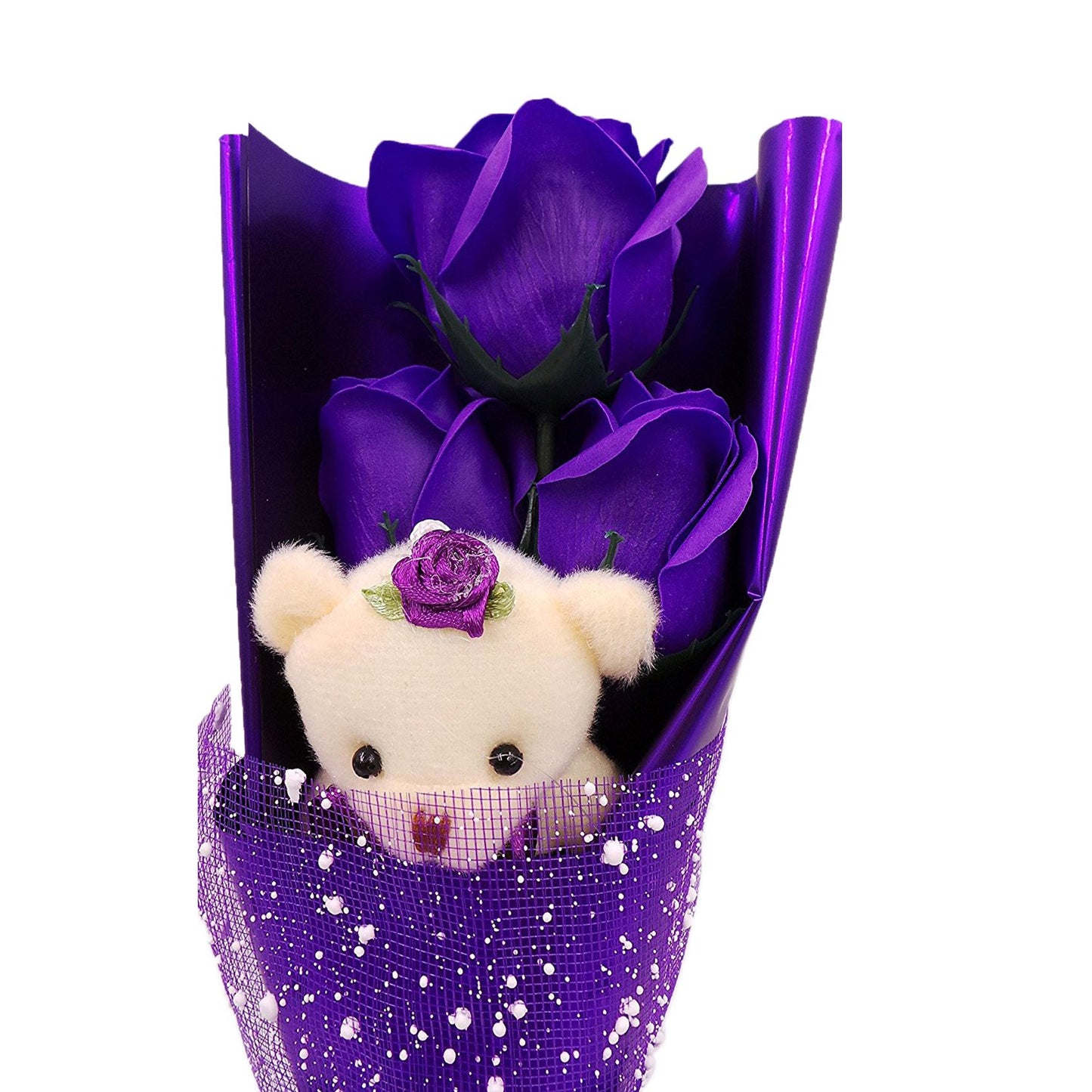 Abbie Home Flower Bouquet 3 Scented Soap Roses Gift Box with Cute Teddy Bear for Her Him Valentine's Day Anniversary Wedding Mothers Day Birthday Gift and Proposal (Purple)