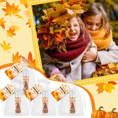 QAUYETM 50 Set Thanksgiving Gifts Lip Balms Bulk Fall Party Favors 6 Assorted Flavors with Cards Autumn Pumpkin Maple Leaf Chapstick Thanksgiving Gifts for Women Men Coworkers