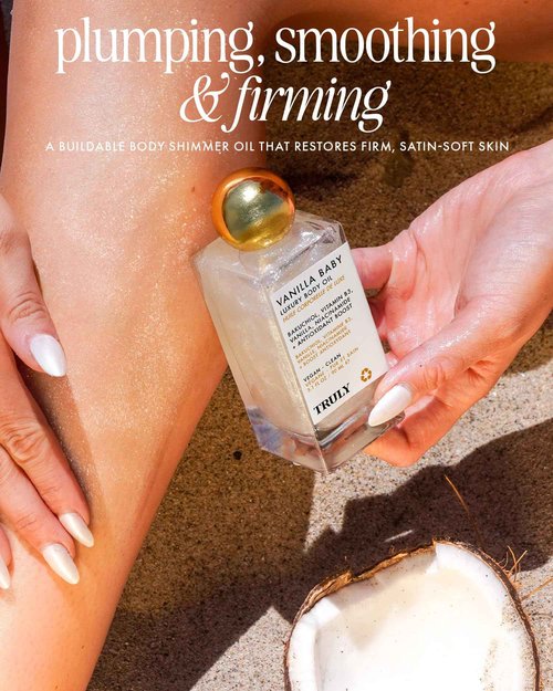 Truly Beauty Vanilla Baby Luxury Body Oil | Plumping Body Shimmer Oil for Hydration & Firmness | With Bakuchiol & Niacinamide for Collagen Boost | Vanilla, Pear & Caramel Scent | Radiant Glow