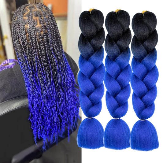 FYRLNA 3 Packs 24 Inch Jumbo Braiding Hair Soft High Temperature Resistance Synthetic Hair Extensions for Women 24 Inch Ombre Jumbo Braiding Hair Twist Crochet Braids Hair (24 Inch (Pack of 3), black to royal blue)