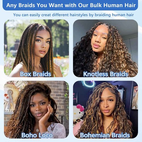 Human Braiding Hair for Boho Braids 14Inch 120g 12A Deep Water Wave Braiding Hair for Curly Boho Hair Braiding Knotless Bulk Bohemian Natural Black