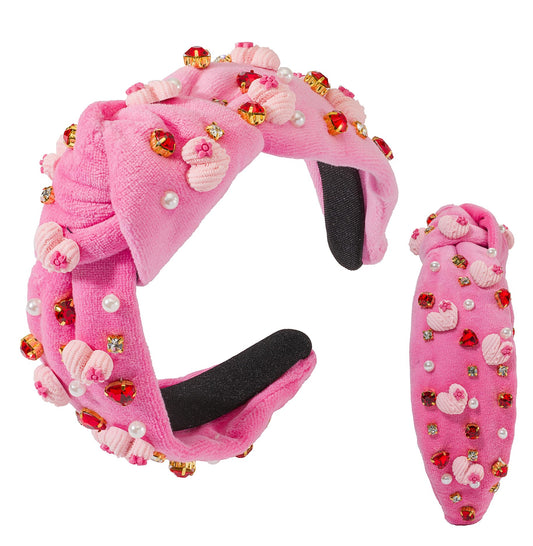 Valentine's Day Rhinestone headband for women Pink Heart Love Charm Embellished Top Pink Hairband Twist Wide Hair Band (Valentine pink-pink heart)