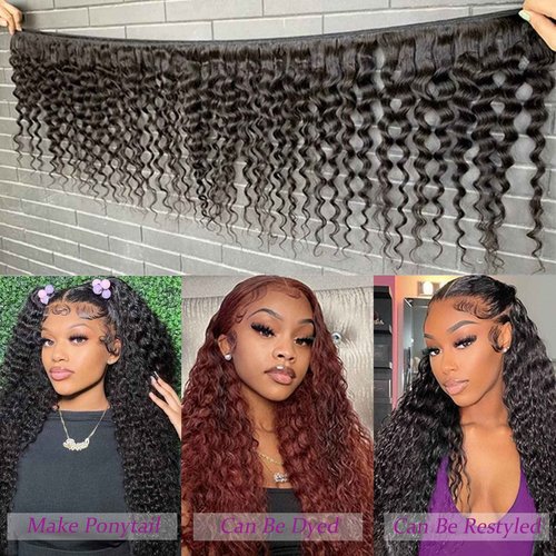 Deep Wave Human Hair Bundles 10 12 14 Inch 100% Unprocessed Brazilian Virgin Human Hair 3 Bundles for Women Wet and Wavy Hair Extensions Natural Black