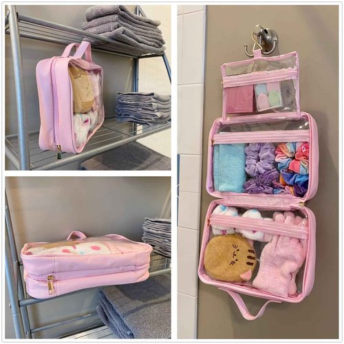 Greaciary Clear Toiletry bag with Hanging hook,Water-resistant cosmetic makeup bag transparent Organizer for women men,Carry on Travel accessories essentials,Pink (Pink)