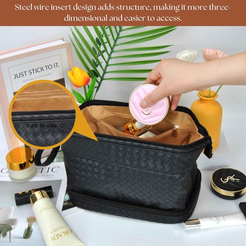 NGIL Faux Leather Cosmetic Bag for Women, Makeup Bag Organizer, Makeup Brush Storage, Portable Travel Bag for Toiletries (Woven, Black, Medium)
