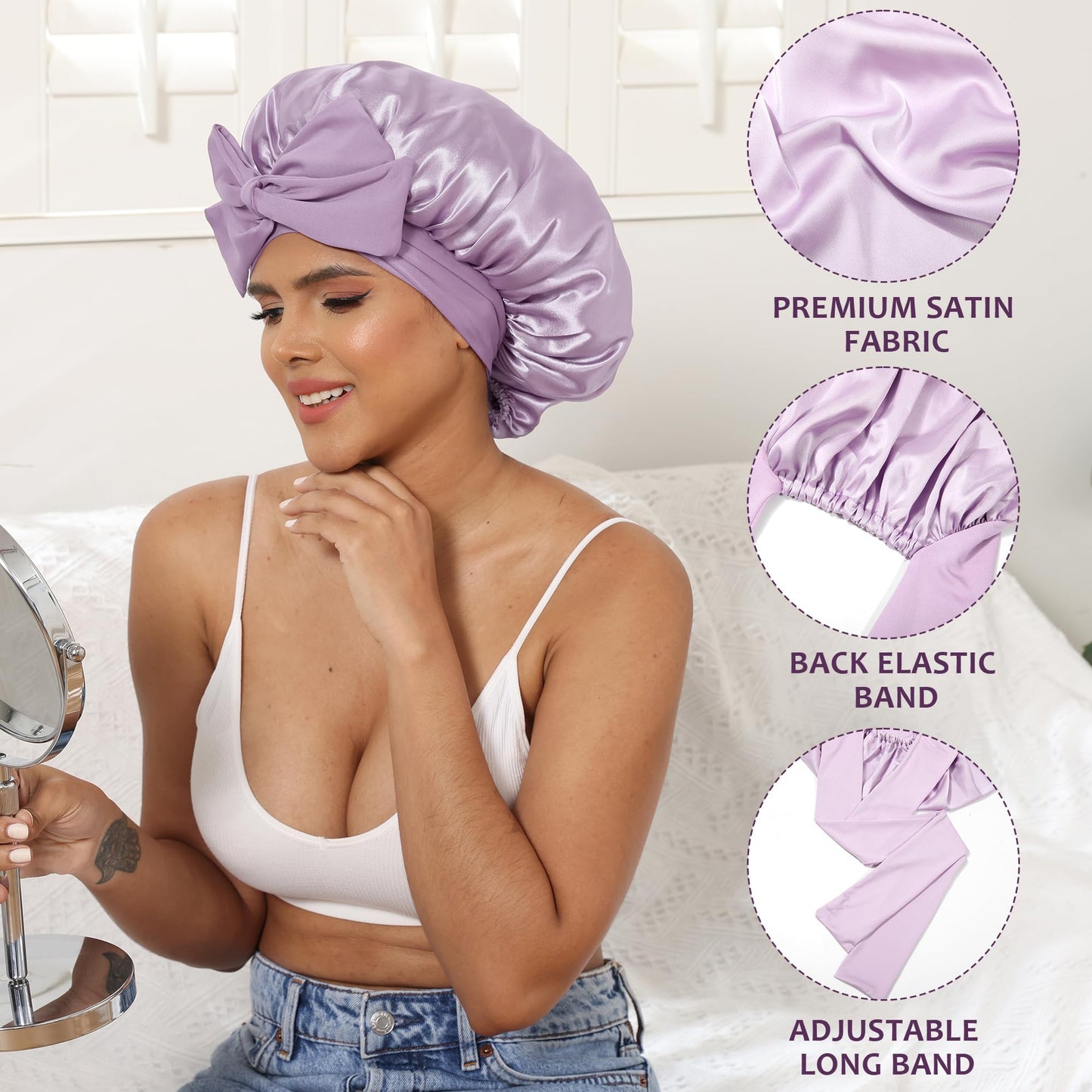 HAIMEIKANG Satin Bonnet for Women Silk Hair Bonnets for Sleeping Large Bonnets with Tie Band Night Cap Sleep Cap for Women Curly Night Cap(Purple)