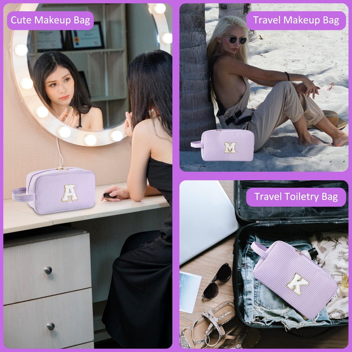 Huifen Personalized Initial Makeup Bag A-Z, Travel Toiletry Bag Monogram Make Up Bags Preppy Cosmetic Bag Cute Makeup Pouch Birthday Graduation Gifts Bags for Women Teen Girls Friends (Purple, F)