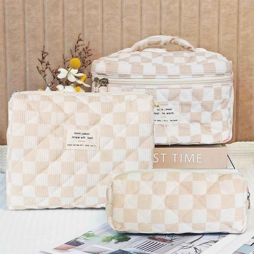 Quilted Cosmetic Bag Large Capacity Travel Cosmetic Bag for Women and Girls Aesthetic Storage for Daily and Travel Use (3pcs-browncheckered)