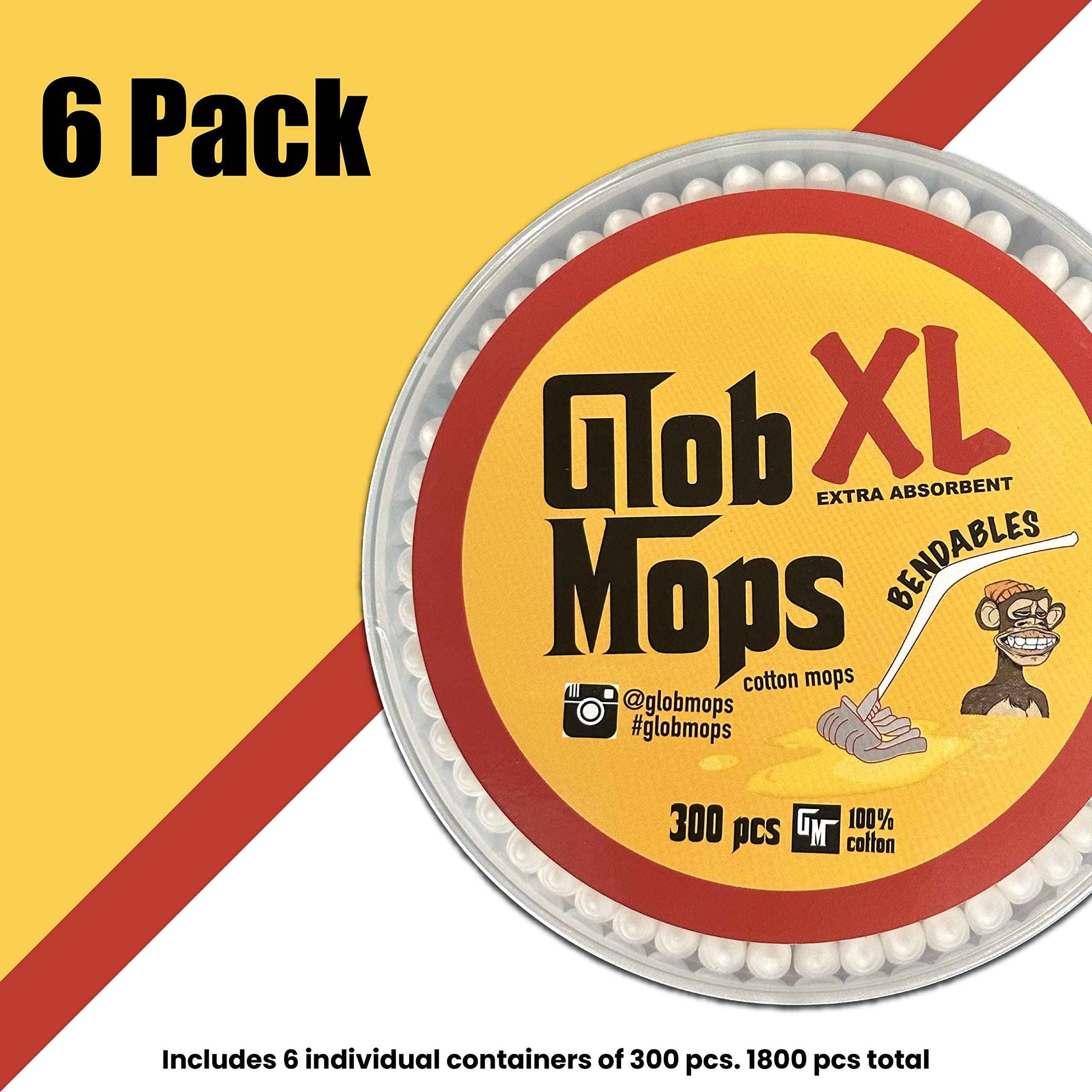 Glob Mops BENDABLE XL Cotton Swabs 6-Pack Bundle | Extra Absorbent | Eco-Friendly | 1800 Total Mops