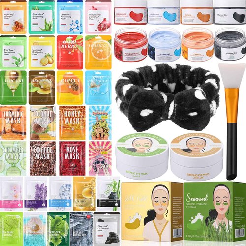 Viozakanry 96 Pcs Face Mask Set Hydrating Clean Suitable for Sensitive Skin, Including 30 Peel-off Facial Masks, 4 Clay Masks, 60 Pairs of Under-eye Patches, a Mask Brush, and a Face-washing Headband