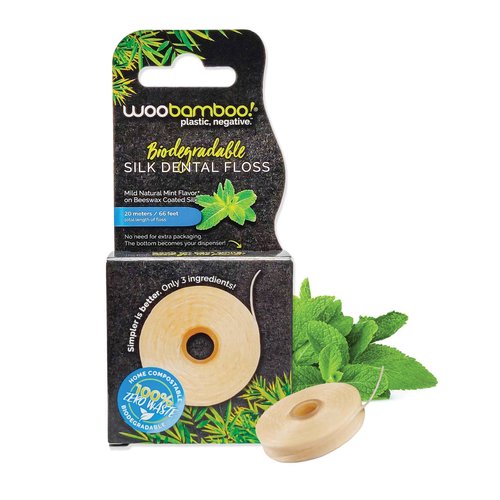 WooBamboo! All Natural Silk Dental Floss, Zero Waste, 66 feet of Mint-Flavored Floss, Biodegradable (Pack of 4)
