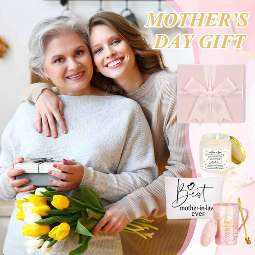 Lallisa 4 Pcs Best Mother-in-Law Ever Gift Box Coffee Mug Lavender Scented Candles Makeup Bags for Mother's Day Birthday Gifts from Daughter-in-Law Son-in-Law