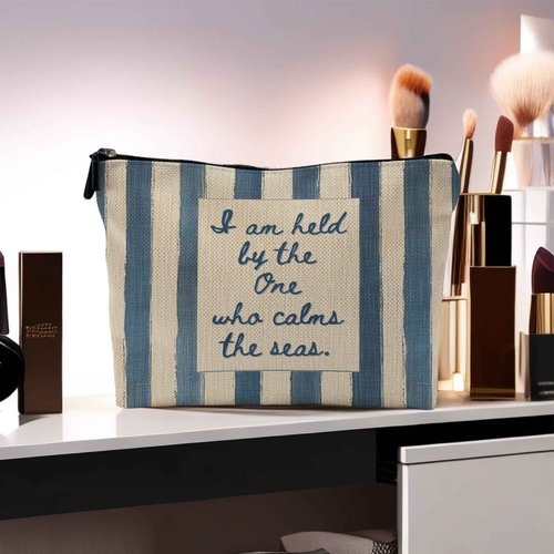 Yomisex Inspirational Christian Makeup Bag for Women, Bible Verse Ocean Beach Cosmetic Bags Toiletry Bag, Blue and Beige Striped Religious Makeup Pouch