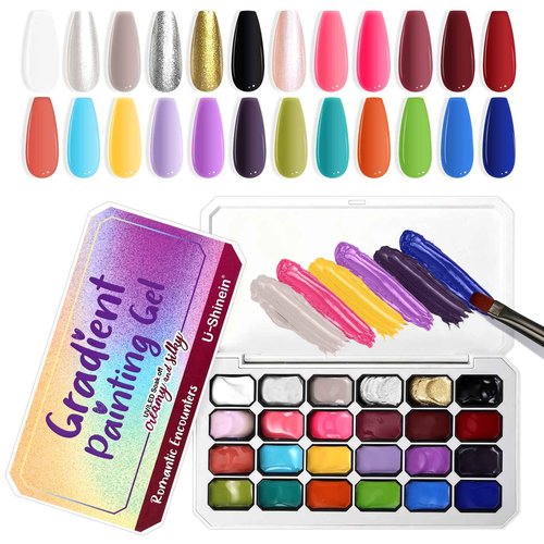 U-Shinein Gradient Painting Gel, 24 Bright Glitter Gold&Silver Black&White Pearlescent Colors Ombre Gel Nail Polish for Light Pigment Pat Nail Gel Kit French Manicure No-wipe DIY Nail Art Soak of UV A