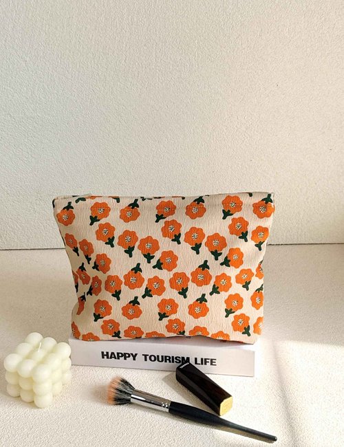 RIKMOXR 2 large makeup bags Women's Corduroy Canvas Makeup Bag, Travel Makeup Bag, Wallet Organizer, Khaki and Orange Flower Pattern